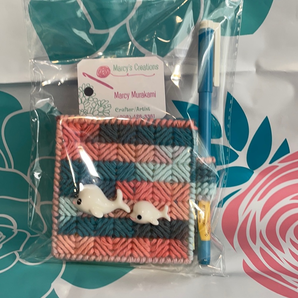 Cute whale post it with case and pen. Handcrafted